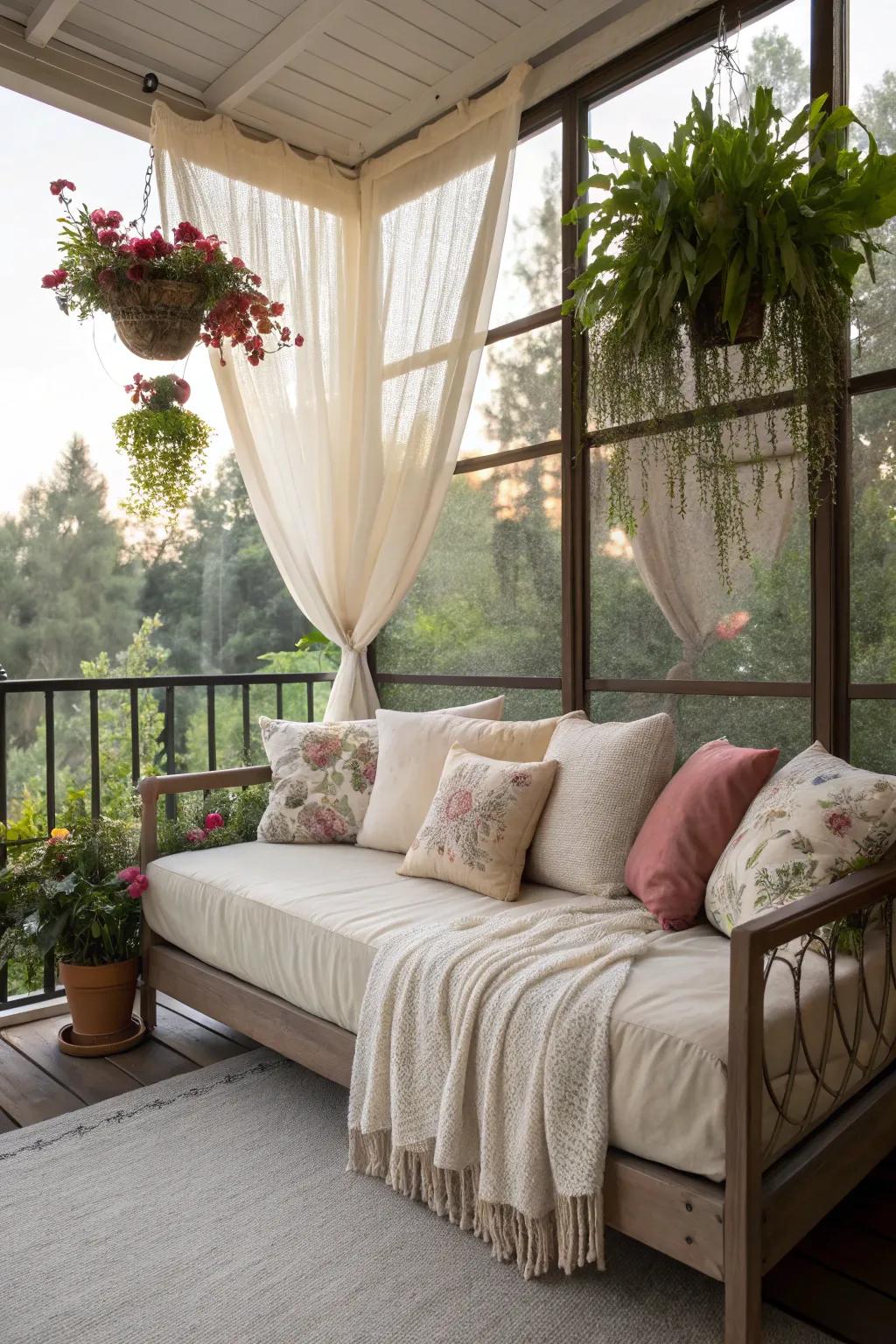 A relaxing daybed in a serene lanai setting.