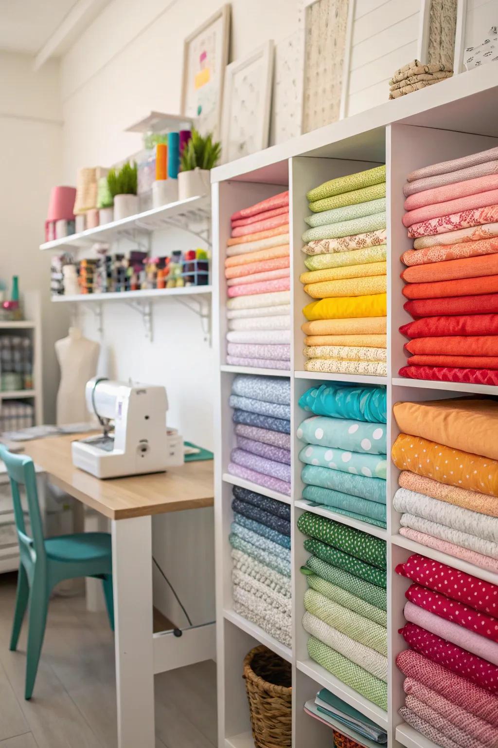 A colorful fabric display doubles as storage and inspiration.