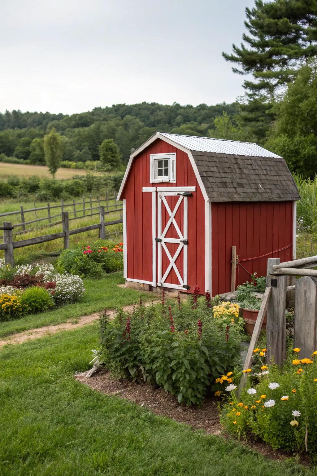 Bold red sheds introduce a barn-inspired visual to your garden.