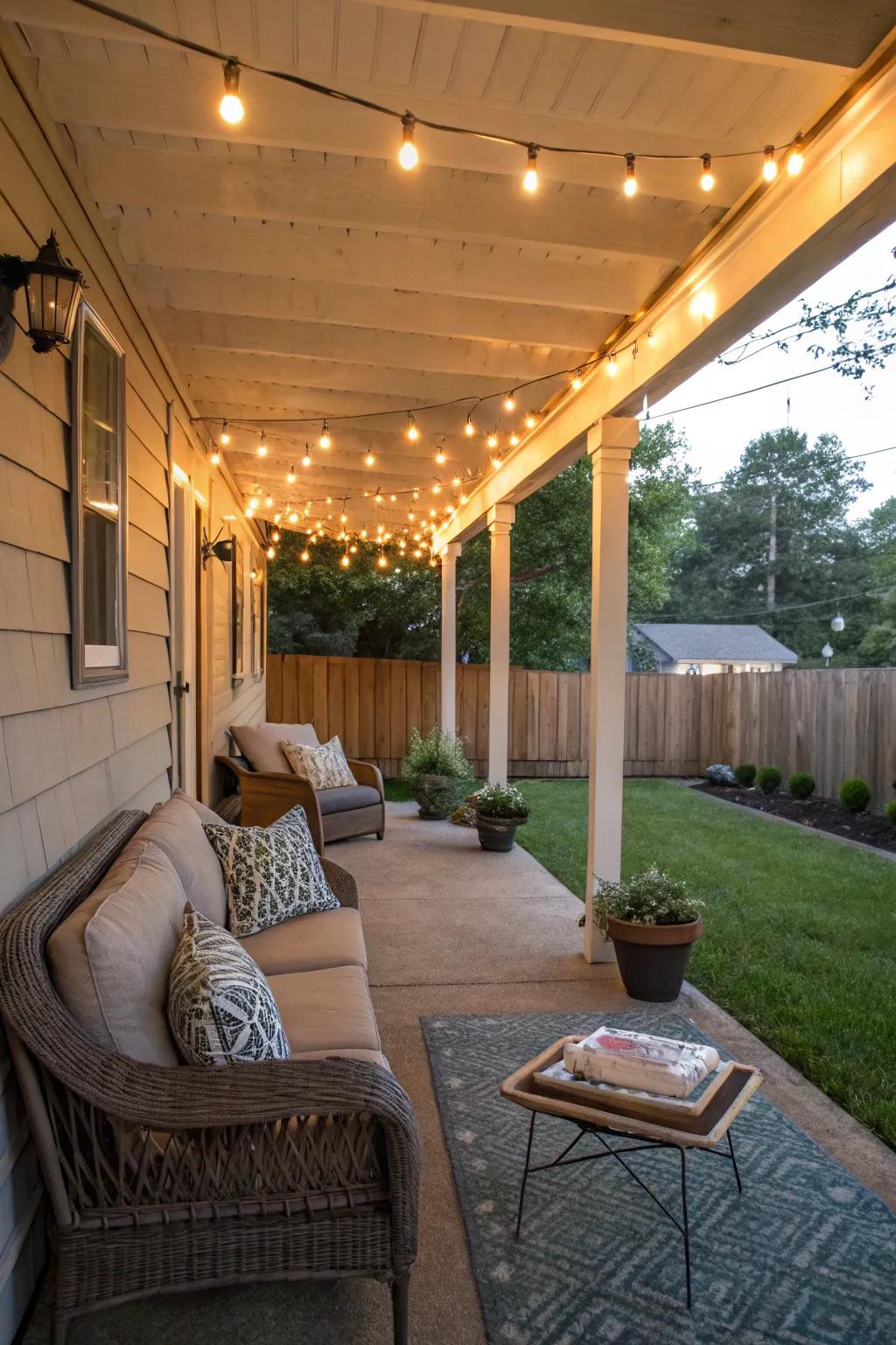 Twinkling string lights casting a warm glow on the side porch.