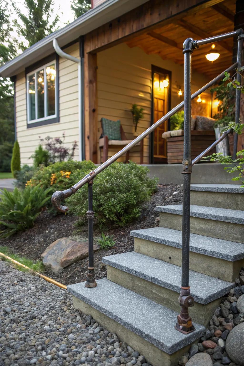 DIY pipe railings bring an industrial touch to outdoor steps.