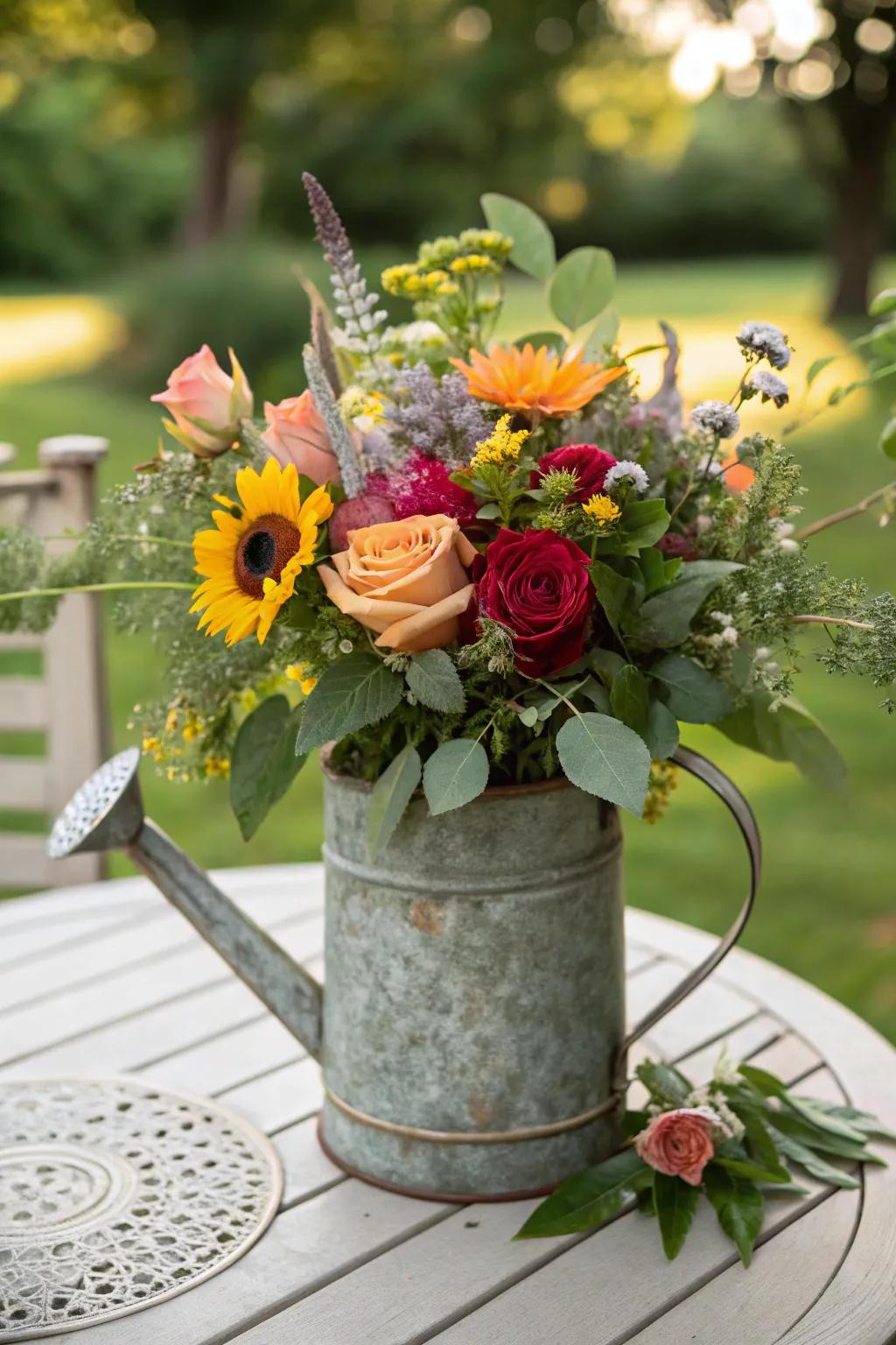 A vibrant mix of roses and garden blooms for a lively arrangement.