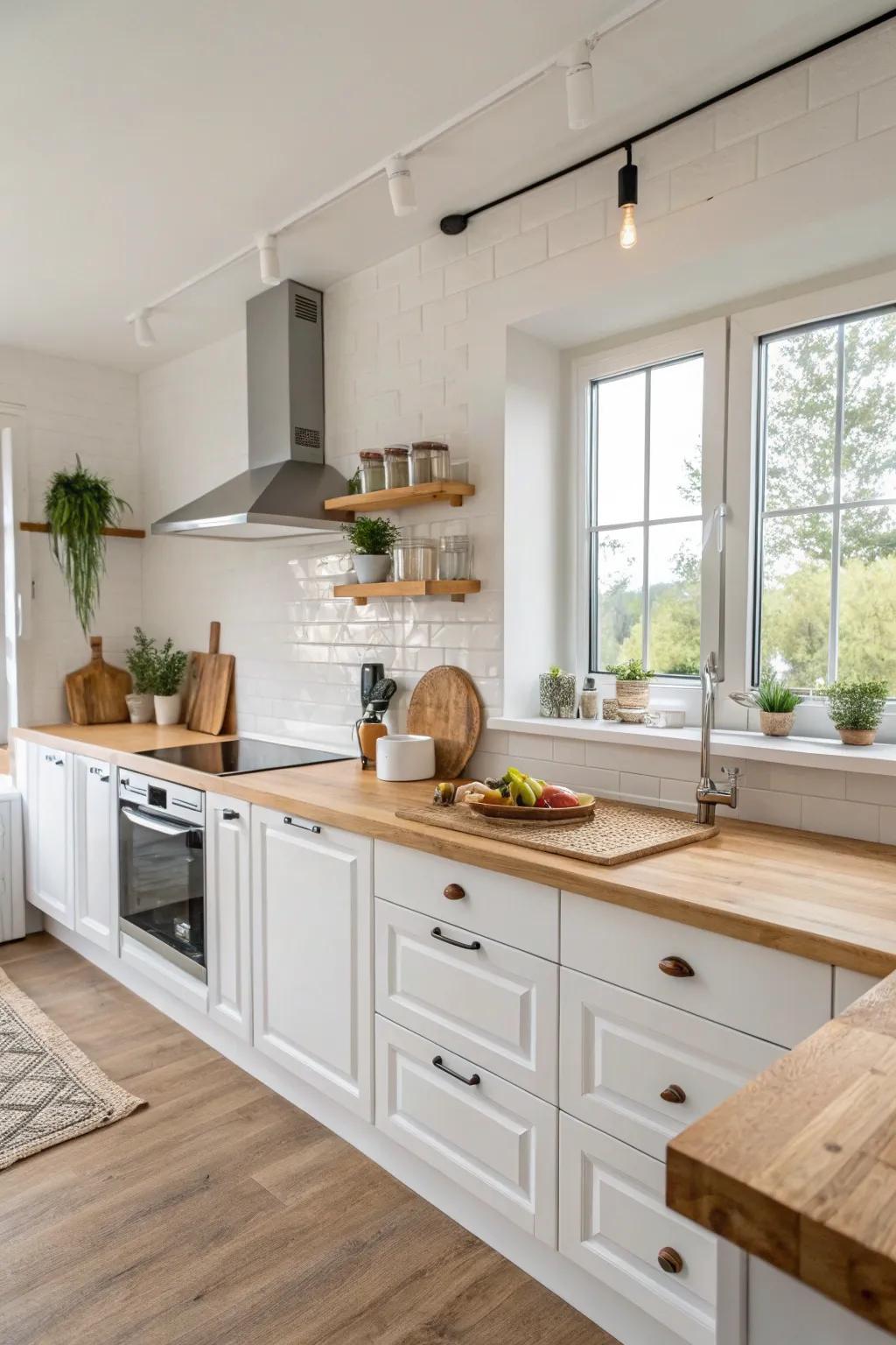 Wooden accents infuse warmth into a predominantly white kitchen design.