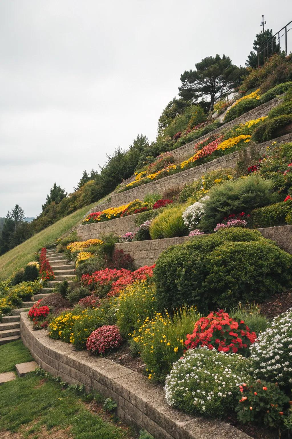 Layered garden beds bring color and life to slopes.