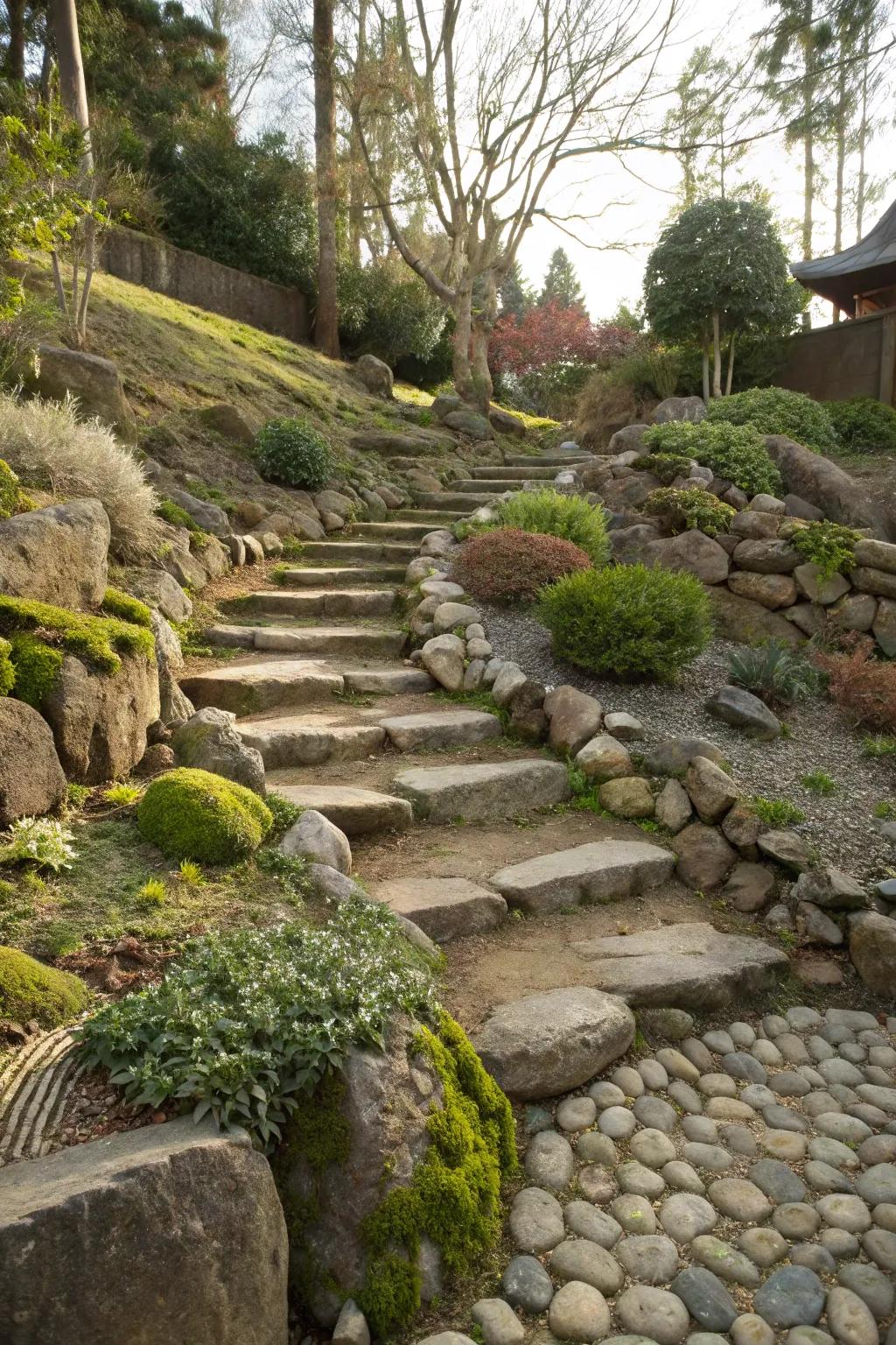Stone pathways create a journey through the rock garden.
