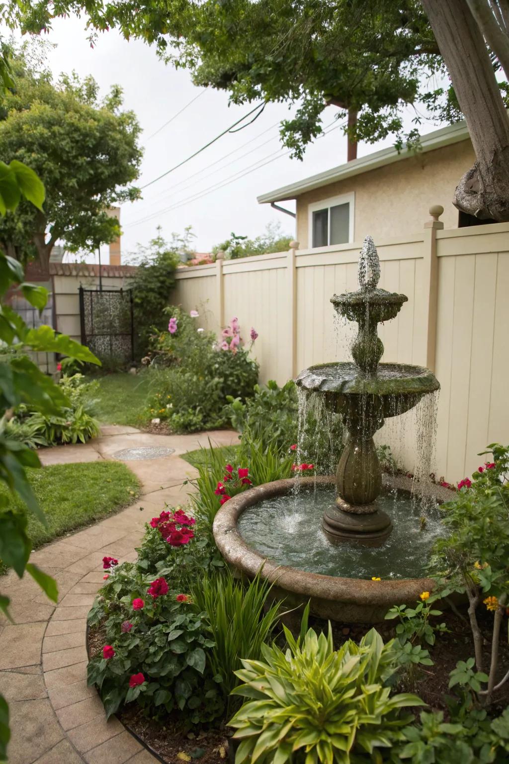 A mini water feature adds tranquility to a compact garden.