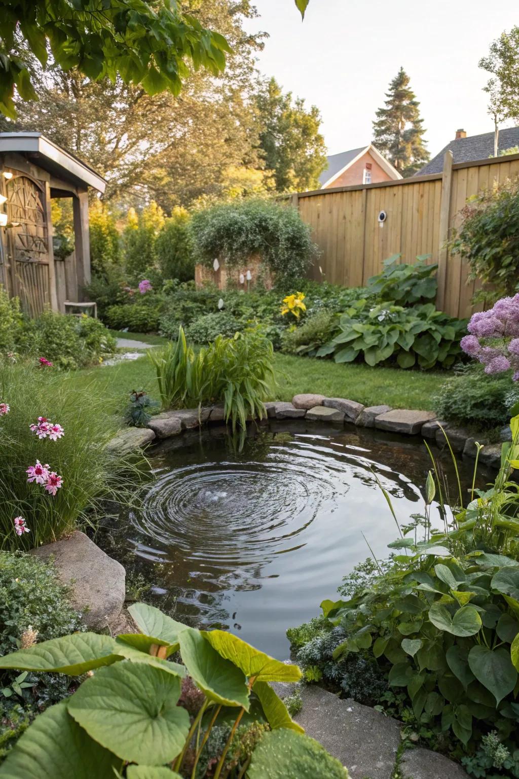 Lush greenery envelops a small pond, creating a natural look.
