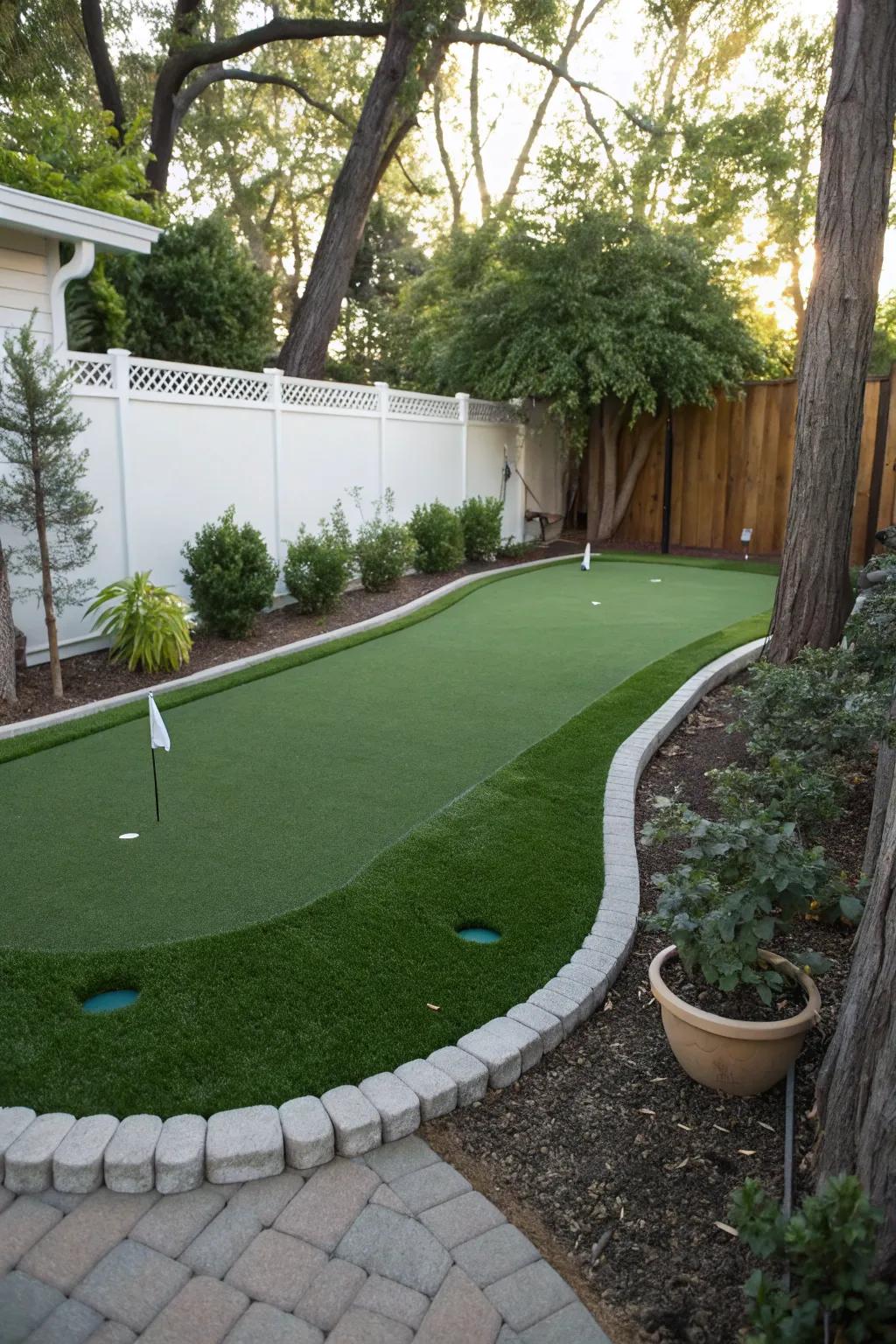 A compact putting green exhibiting vibrant, effortless artificial turf.