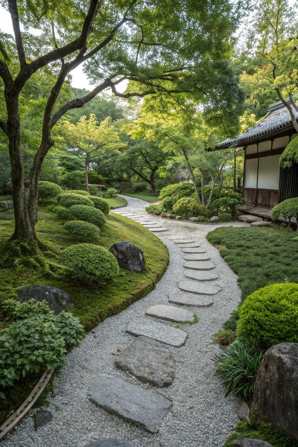 A zen garden is highlighted by a stepping stone route meandering amidst verdant areas and gravel.