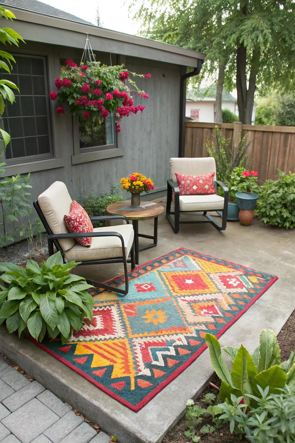 Outdoor rugs add color and texture to any patio space.