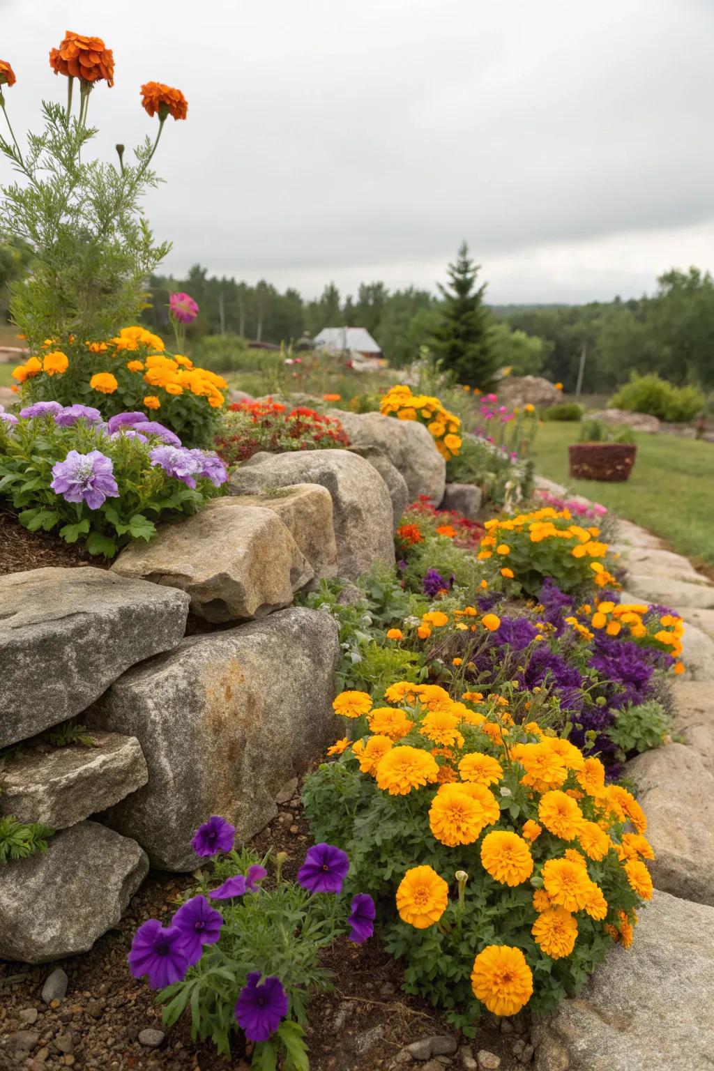 Bright flowers bring life to a small corner rock garden.