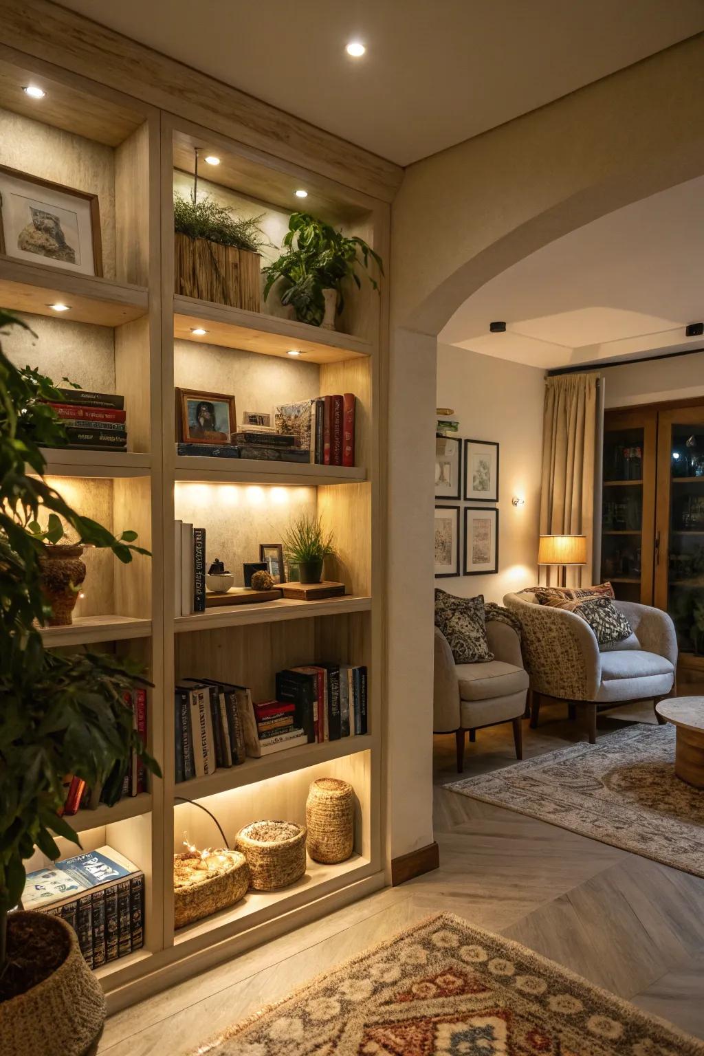 Integrated shelves offer storage without taking up floor space.