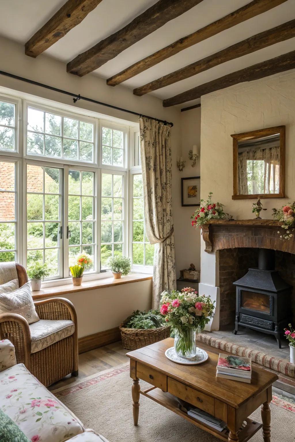 Large windows allow natural light to flood this cottage living room.