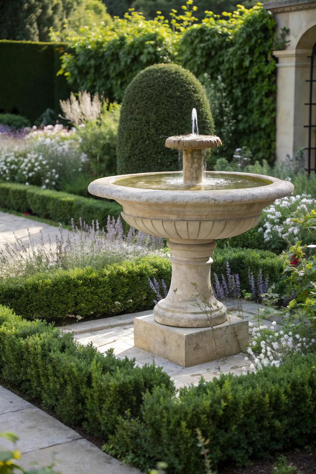 Transform your small garden into a grand oasis with a striking fountain centerpiece, blending minimalist elegance with boho charm.