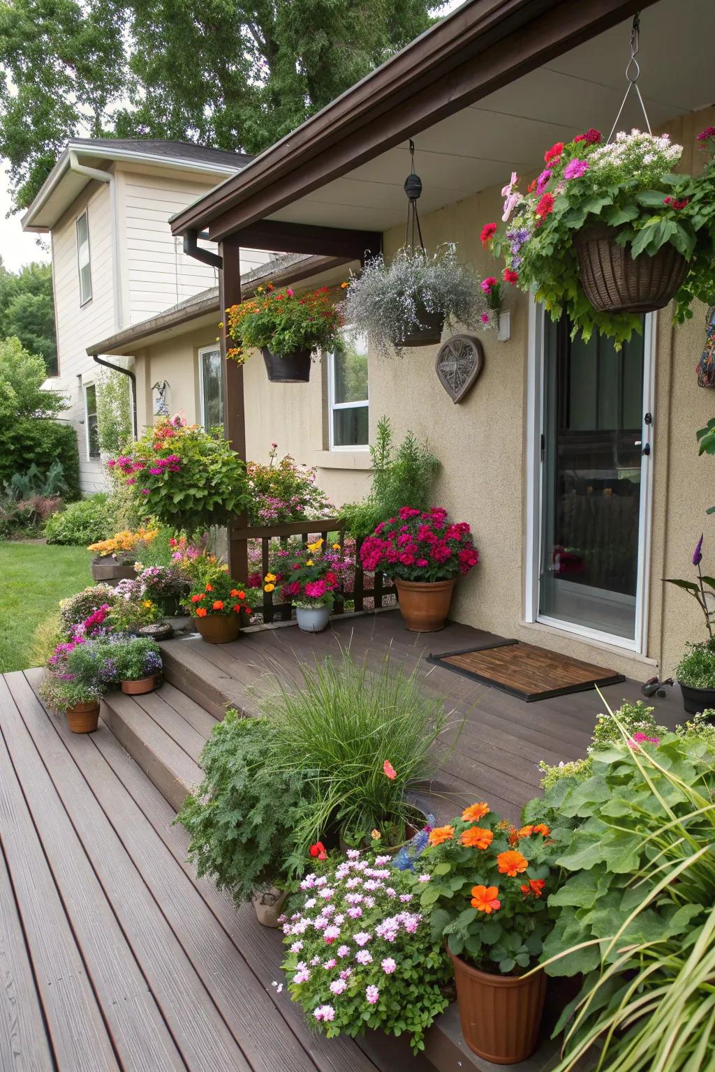 Lush greenery adds life to a small front deck.