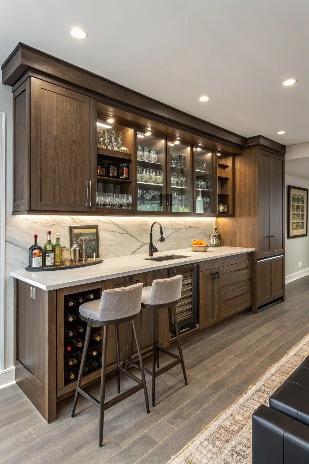 An integrated kitchen bar makes efficient and harmonious use of available space.