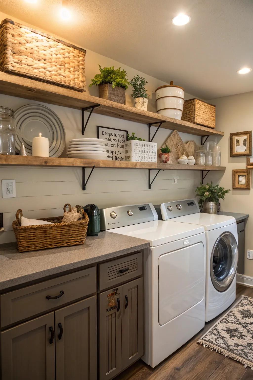 A kitchen with open shelving above laundry appliances, combining functionality and style.