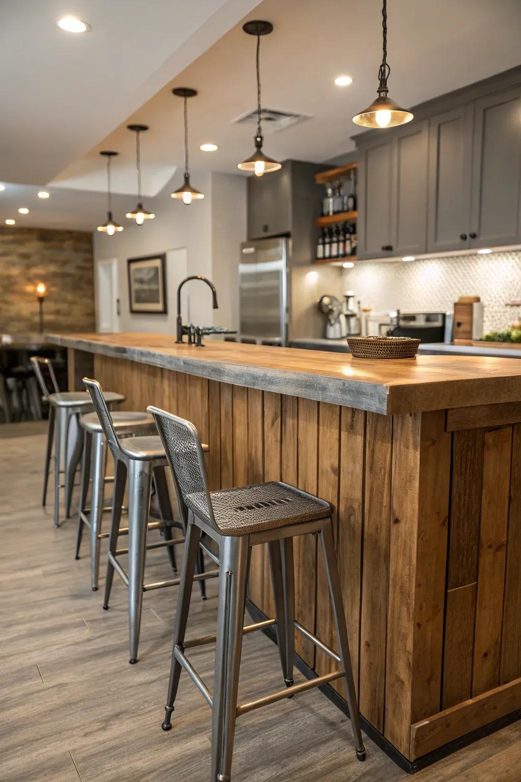 A kitchen bar featuring a mix of wood and metal materials.