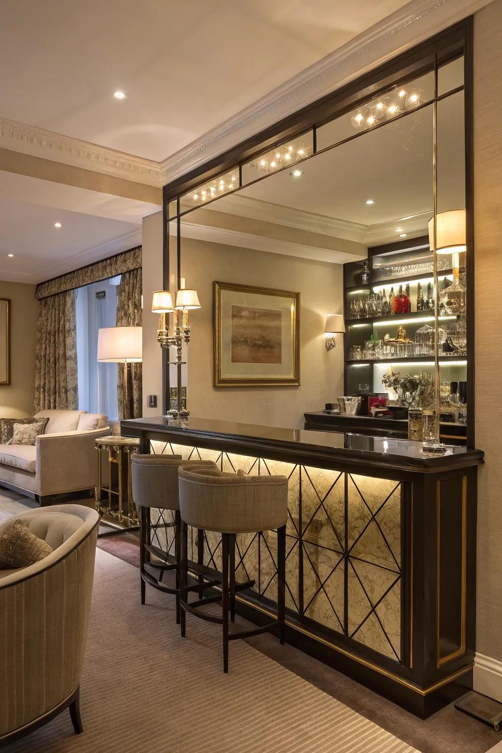 A reflective wall covering adds sophistication and makes the room look bigger.