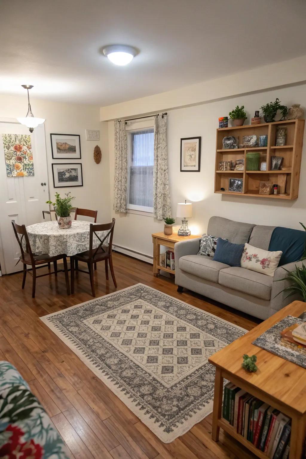 Floor covering defining unique zones within a small combined room.