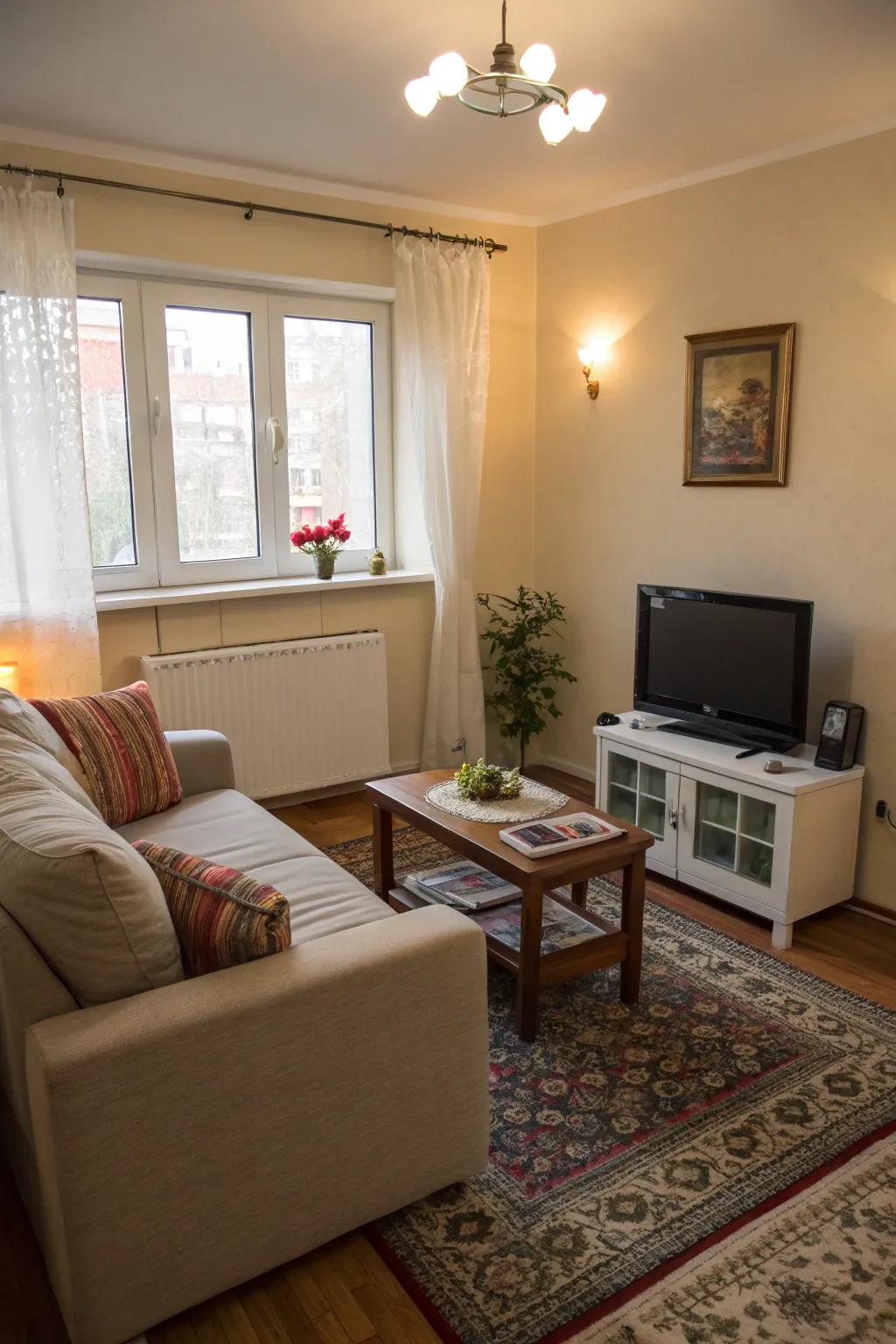 Scaled-down furniture maintains a cozy feel in your living room without overcrowding the area.