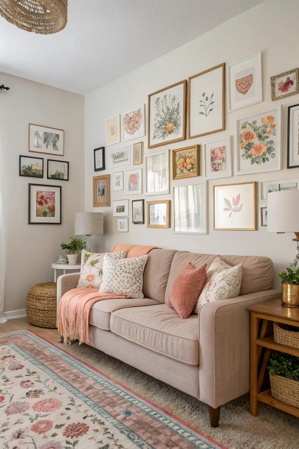 Wall-based art enriches dimension and personal character.