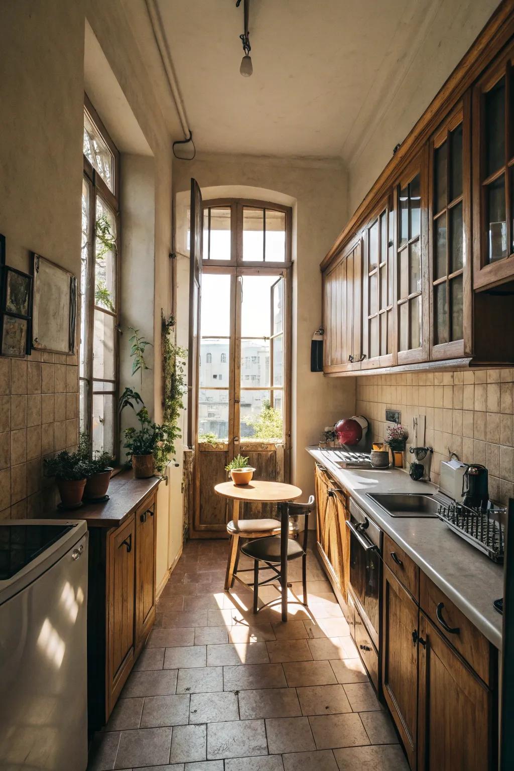 Sunlight enhances the capacious feeling of this confined kitchen.