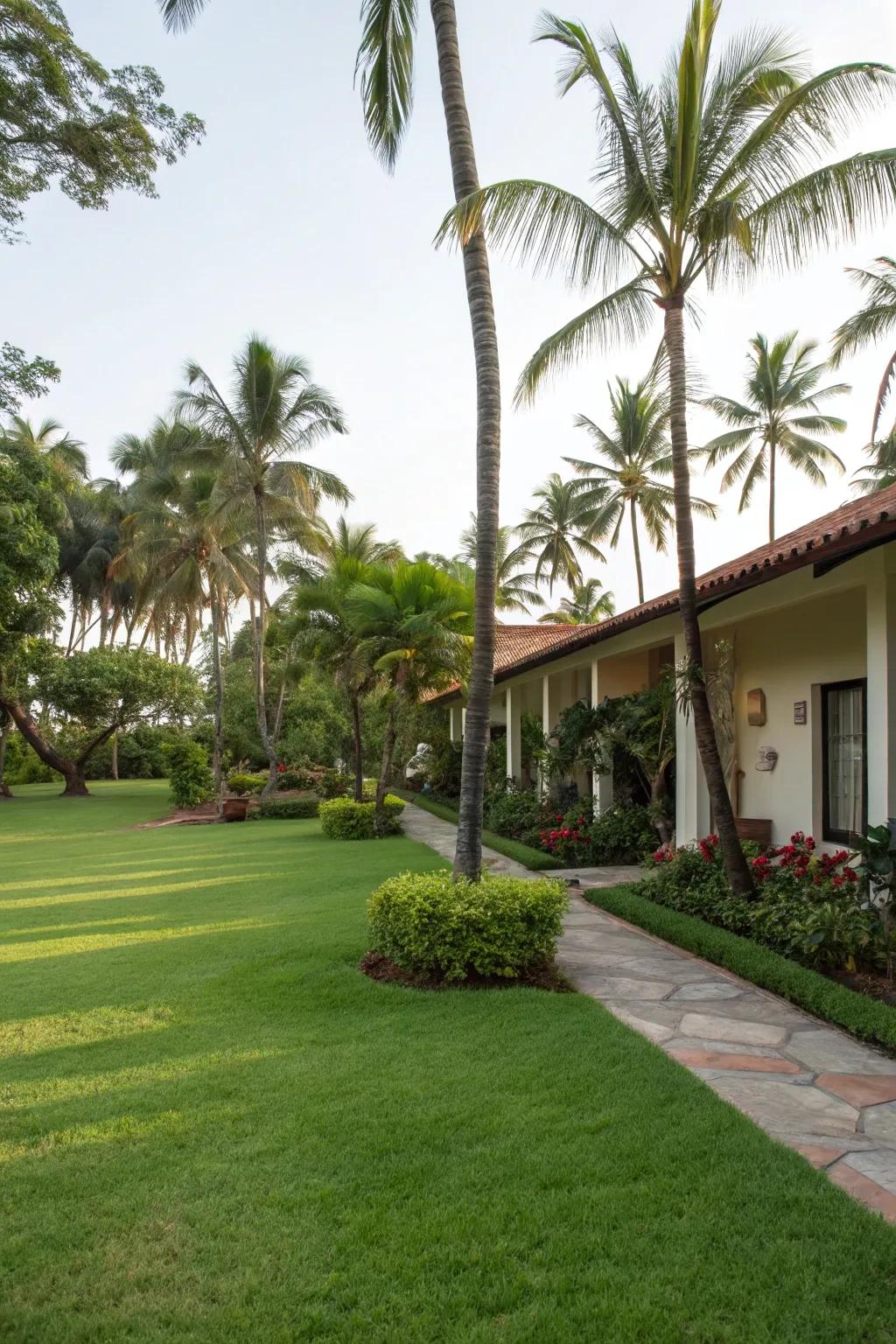 A spacious lawn with palm accents offers a perfect blend of openness and lushness.