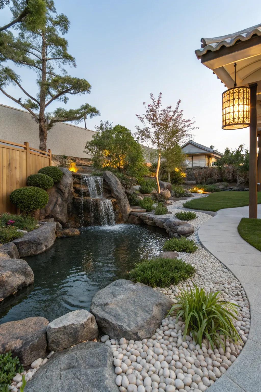 A zen garden pond offers a calming getaway.