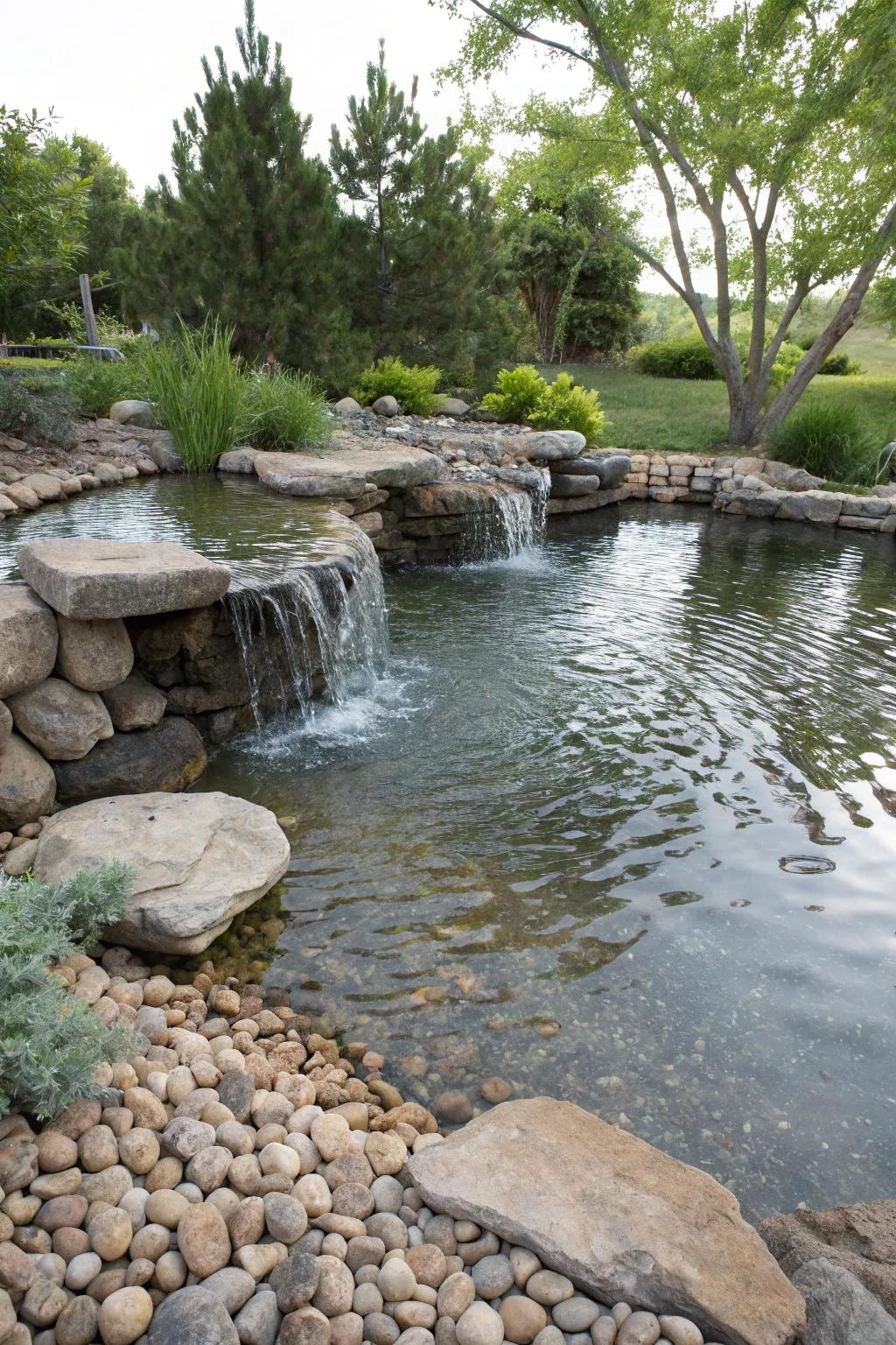 A miniature cascade contributes calming sounds and movement to a quaint pond.