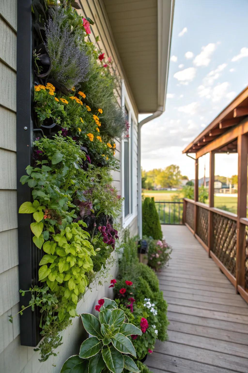 A vertical garden breathes life and color into your small porch.