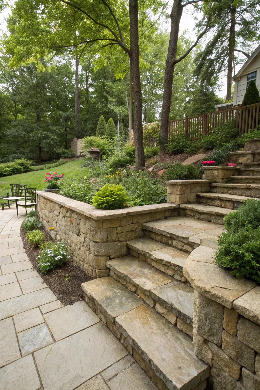 Integrated steps infuse both utility and charm into retaining walls.