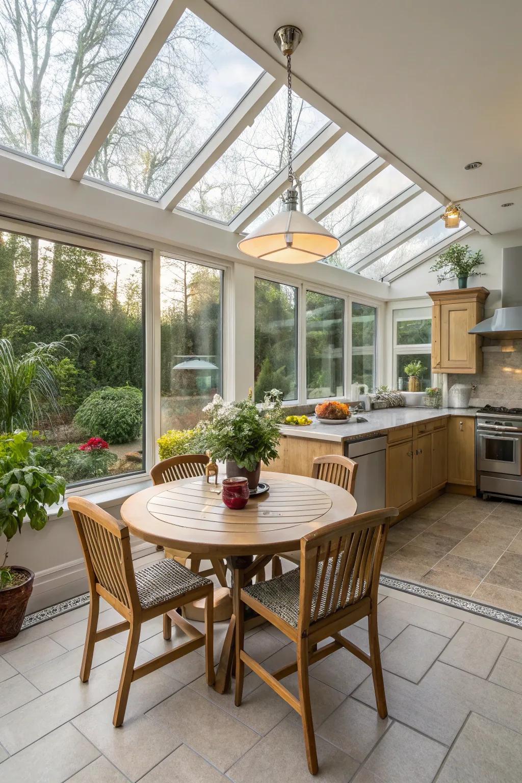 A dining space adds functionality to the sunroom.