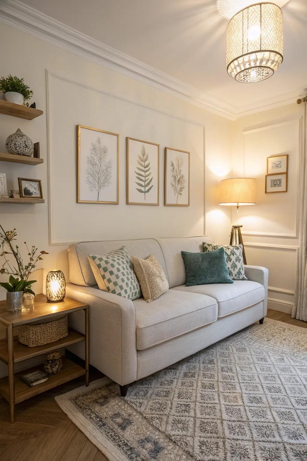 A slim-profile sofa enhances the openness of a small living room.