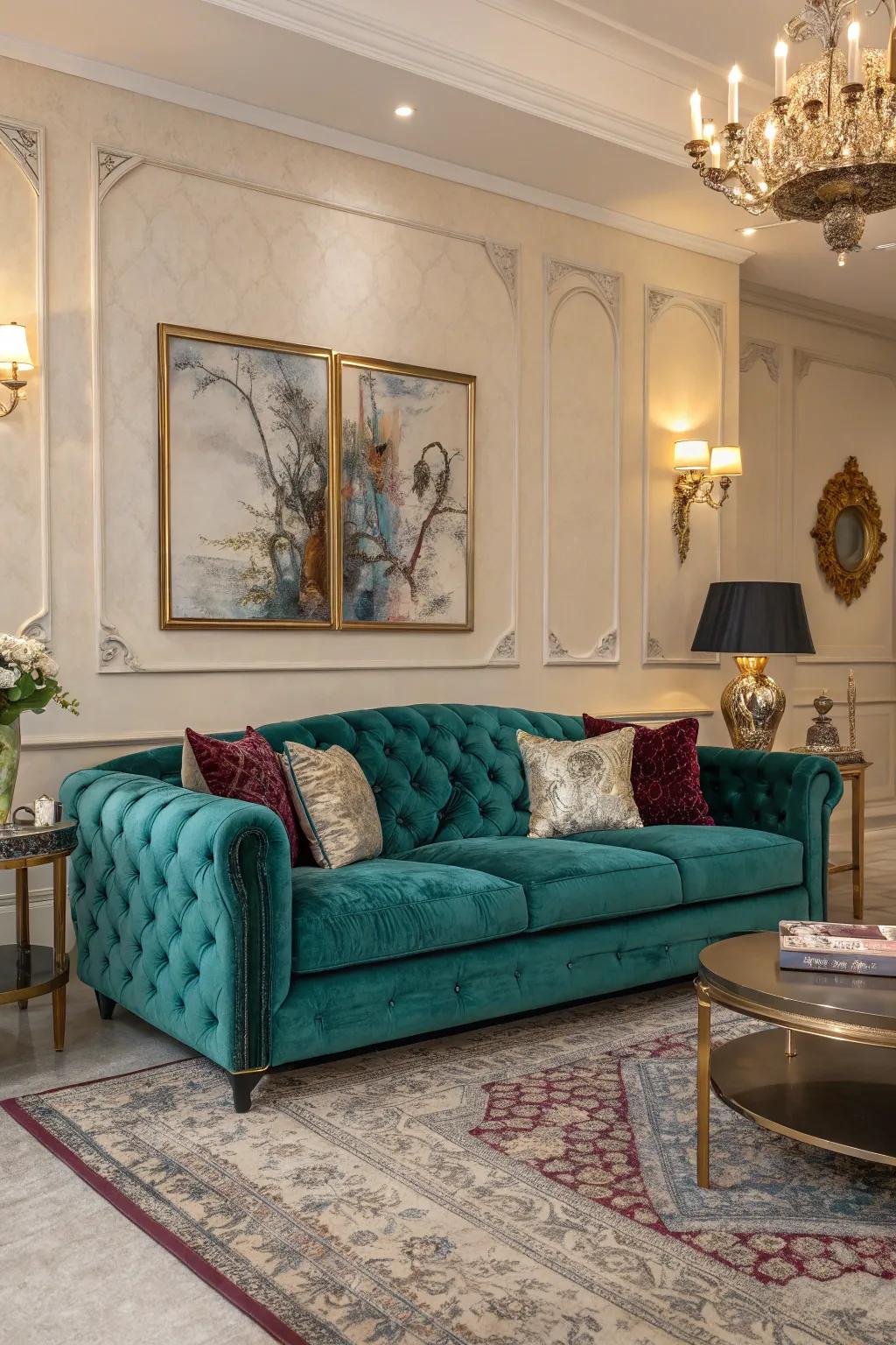 A velvet sofa imparts an air of luxury and refinement.