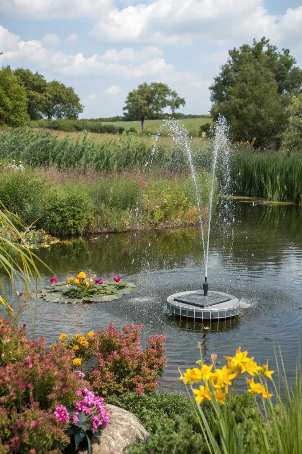A floating solar fountain introducing motion and vitality to a garden pond.