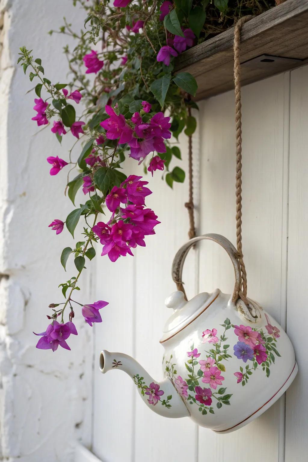Charm meets creativity: A vintage tea pot overflows with vibrant blooms, bringing classic elegance to modern minimalism.