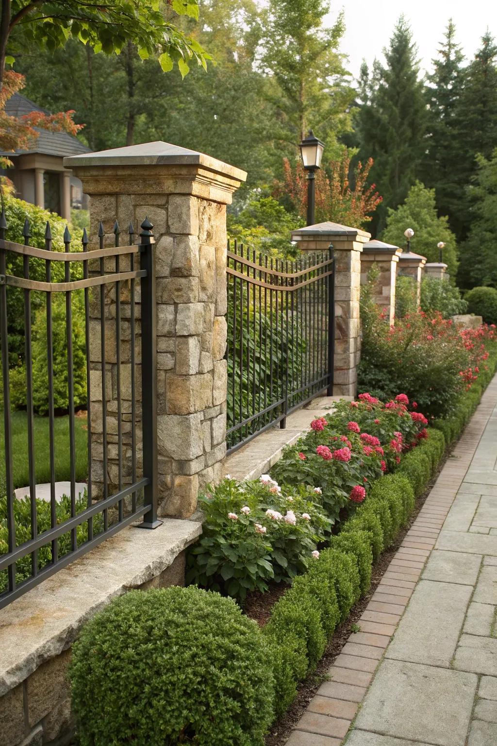 A stone and iron fence beautifully integrated with garden landscaping.