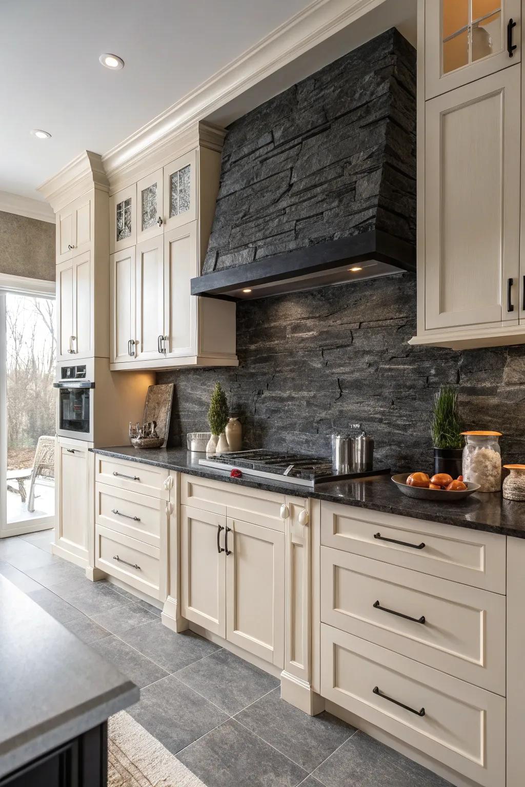 Dramatic contrast between dark stone and light cabinetry elevates this kitchen.