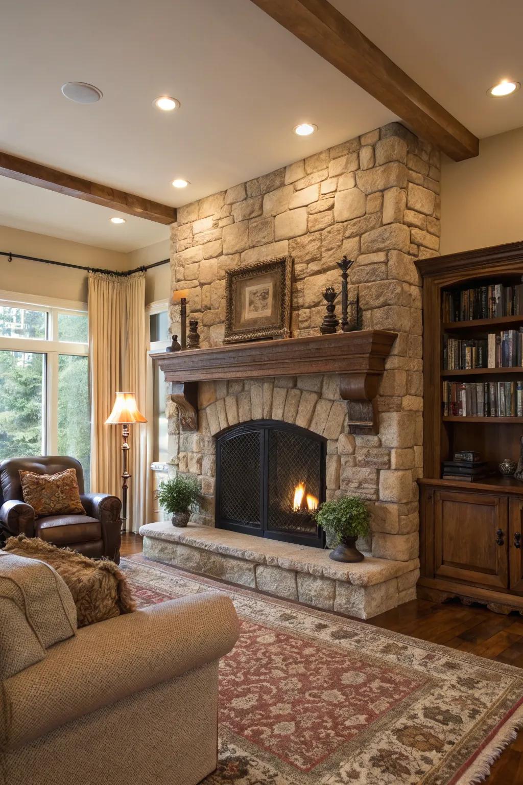 A classic living room showcasing a stone fireplace with a matching stone mantel.