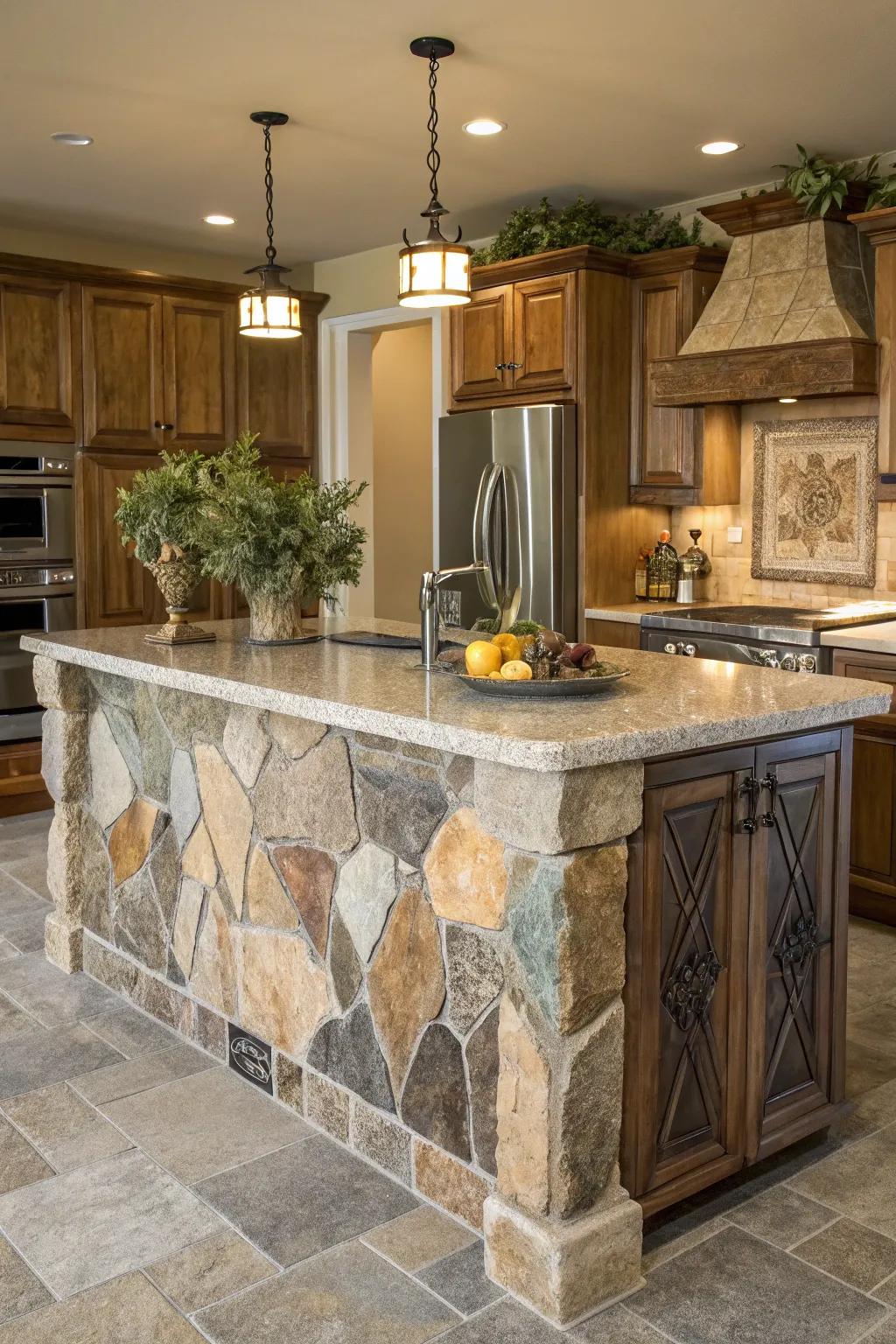 A kitchen island featuring unique stone patterns and colors.