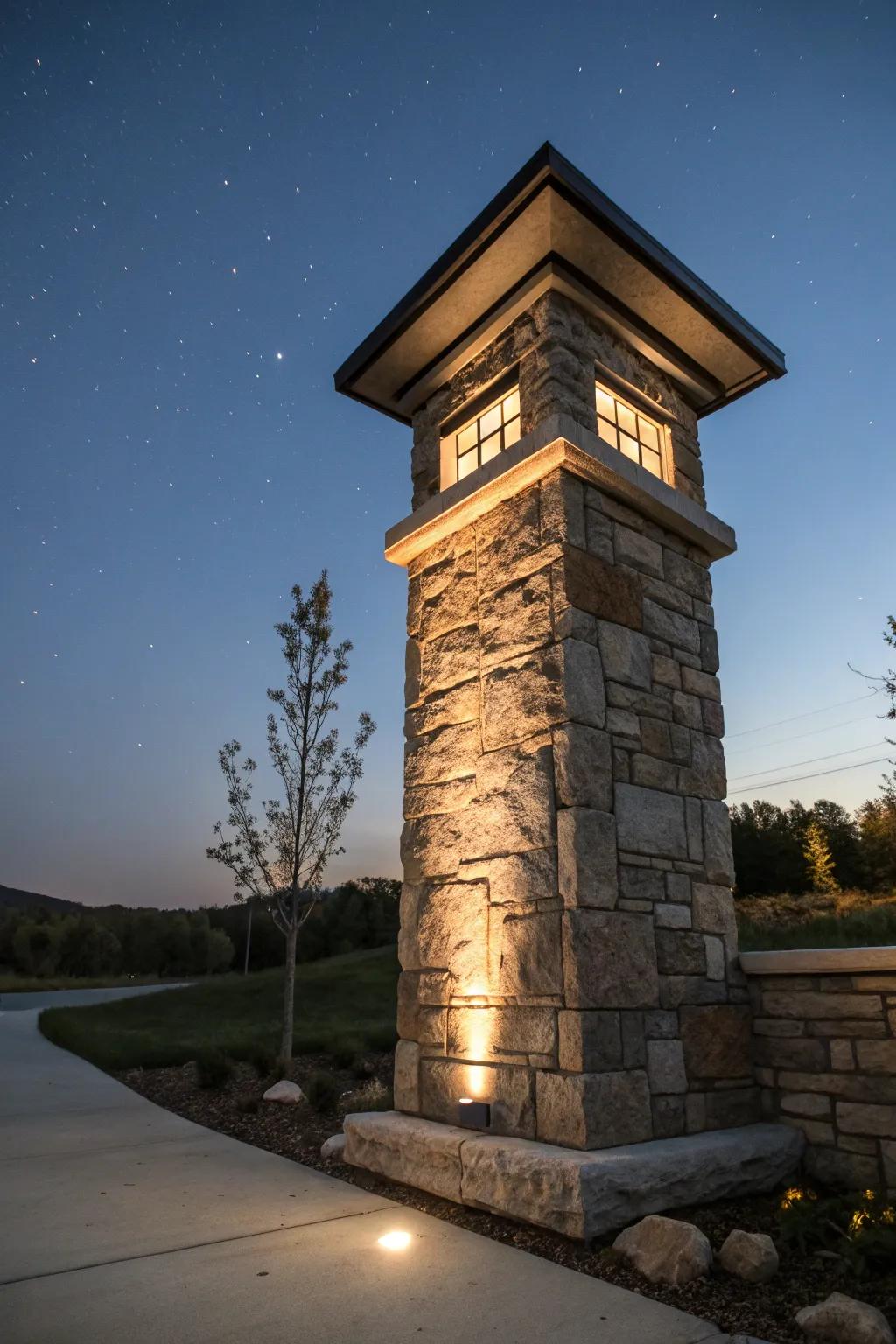 A beautifully lit stone mailbox pillar enhancing evening appeal.