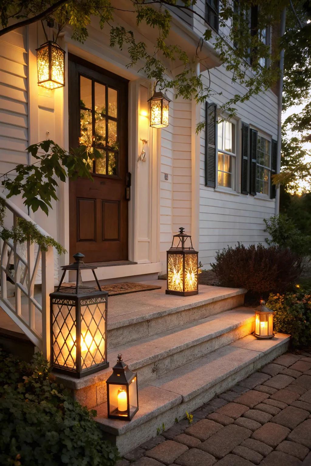 Lanterns project a cozy warmth on this charming stoop.