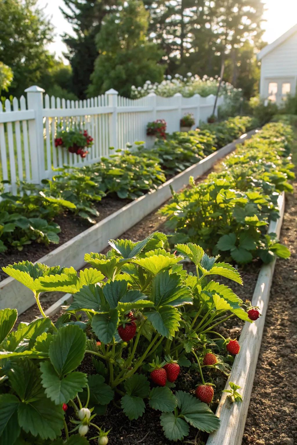 Traditional rows of strawberry plants in a sunny garden.