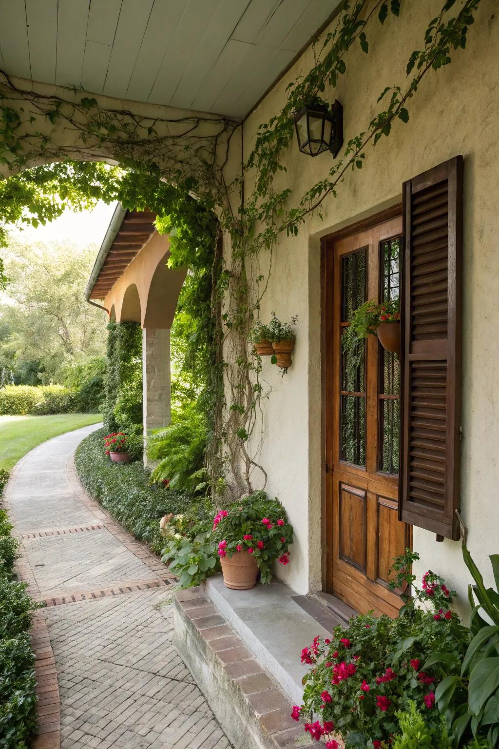 The stucco porch is nicely accented by rich greenery.