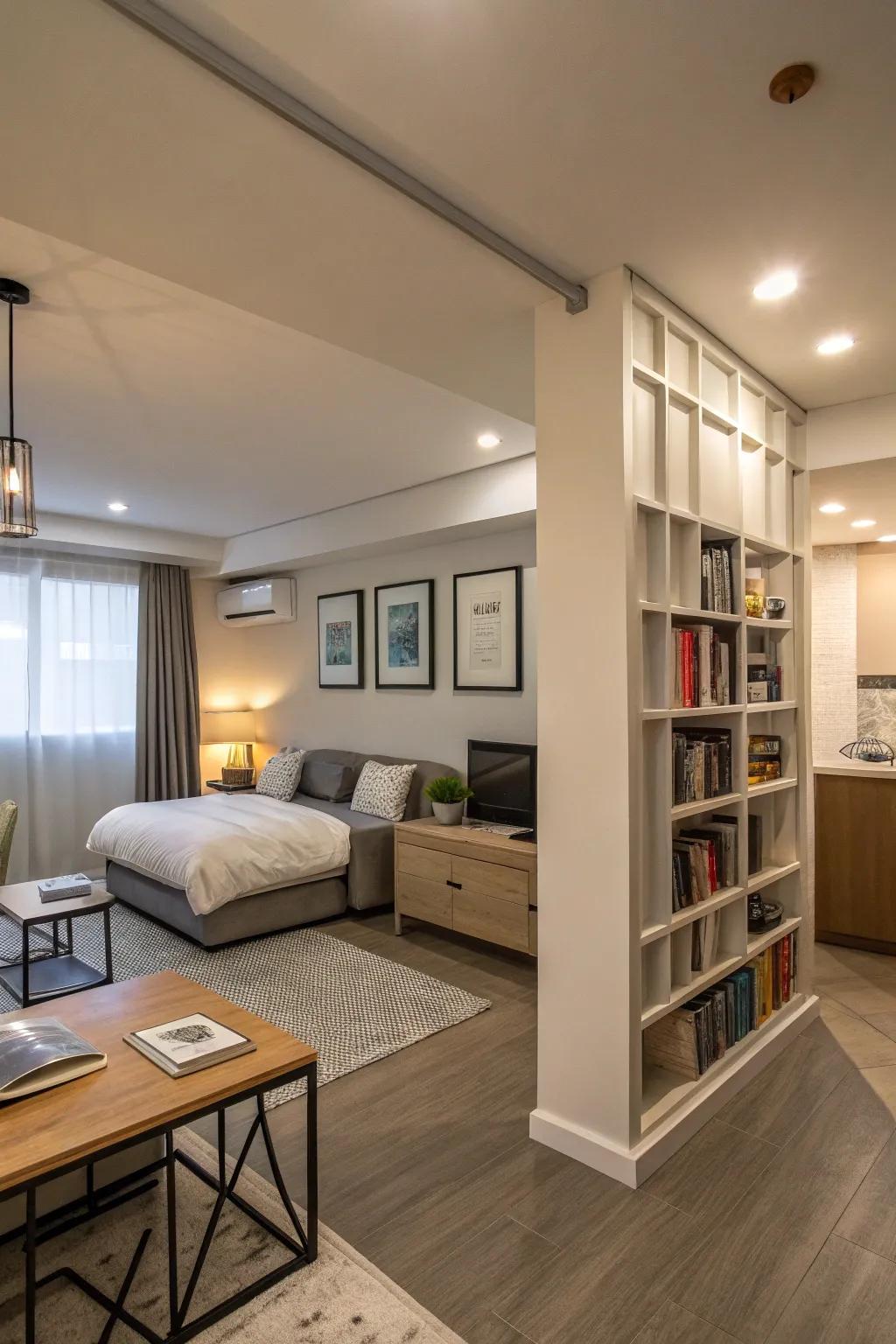 A half wall divides space while maintaining a spacious atmosphere.