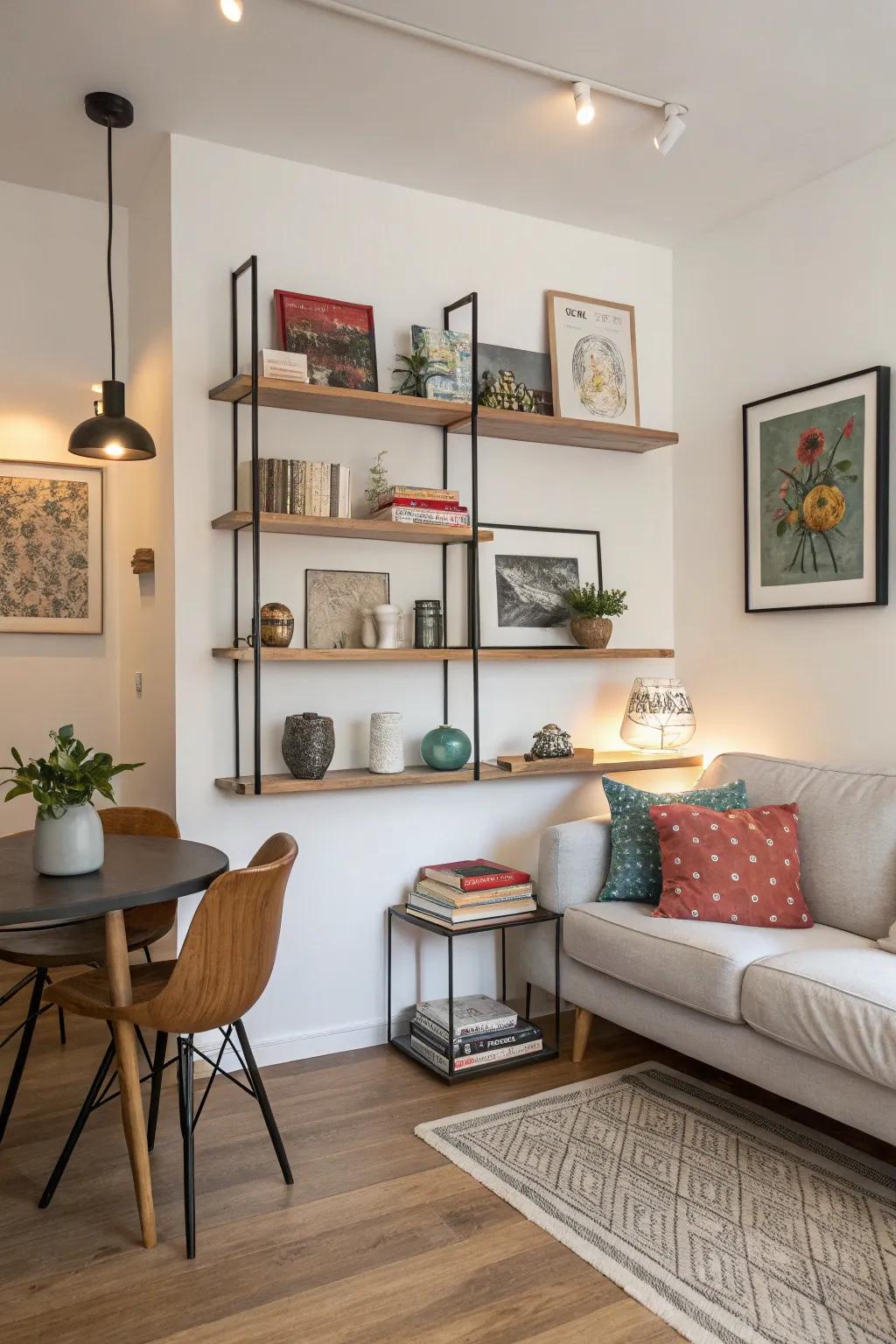 Floating shelves bring storage and character without cluttering the floor.