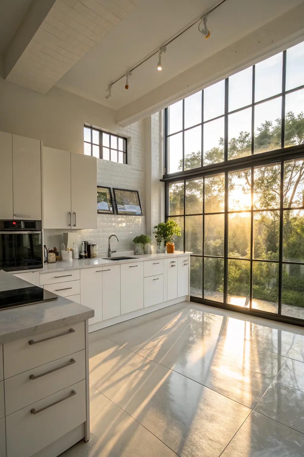 Natural light creates an open and airy feel in a studio kitchen.