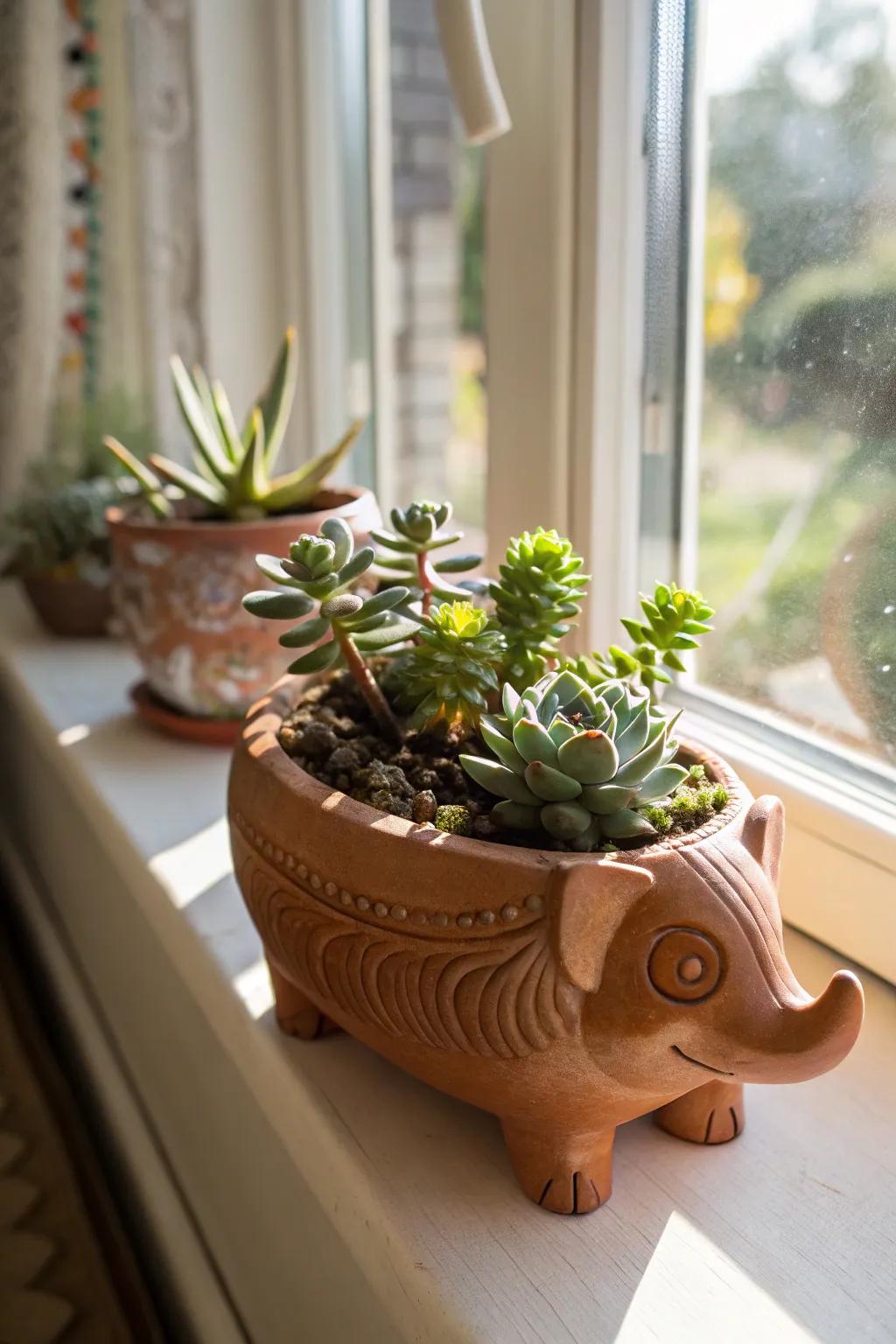 A playful, animal-shaped planter brimming with succulents.