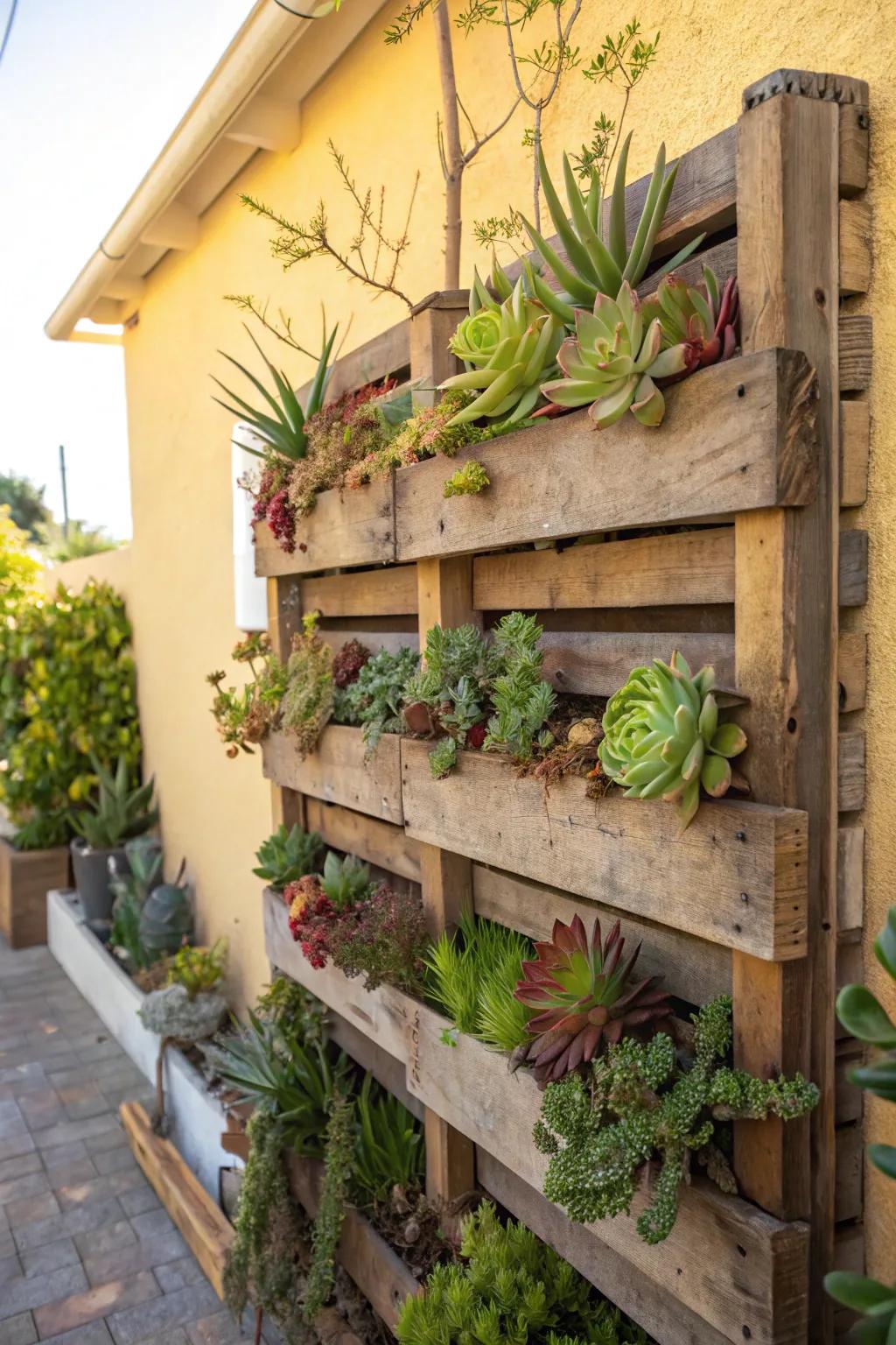 A creative vertical garden using a wooden pallet to display succulents.
